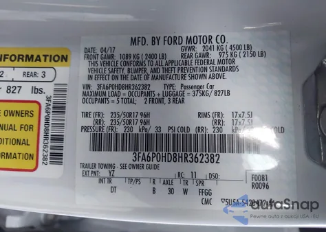 2017 Ford Fusion Se from USA, damaged, VIN 3FA6P0HD8HR362382